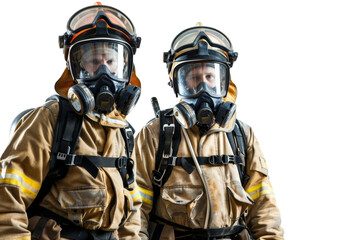 Unrecognizable firefighter team in protective uniforms isolated on white background
