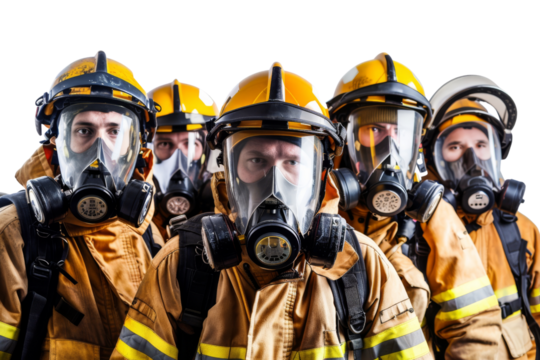 Unrecognizable firefighter team in protective uniforms isolated on white background