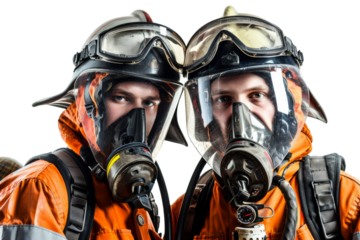 Unrecognizable firefighter team in protective uniforms isolated on white background
