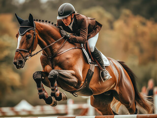 Professional equestrian jumping over hurdles on a chestnut horse at an outdoor riding arena