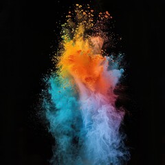 explosive burst of vivid colored powder against black background frozen moment of impact billowing clouds of pigment in rainbow hues fine particles catching light dramatically