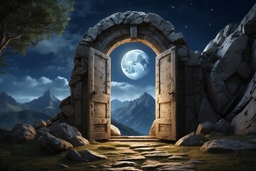 ancient stone door on a full moon night