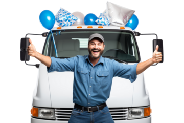 Truck driver celebrating a successful delivery Isolated on white background