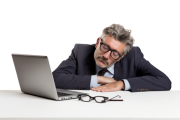 Tired businessman sleeping at his desk isolated on white background