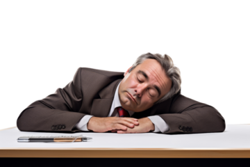 Tired businessman sleeping at his desk isolated on white background