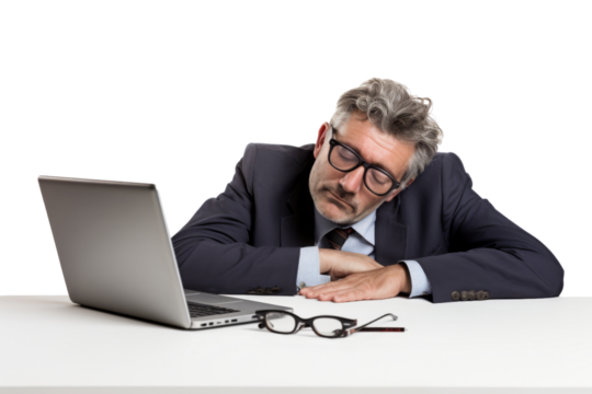 Tired businessman sleeping at his desk isolated on white background