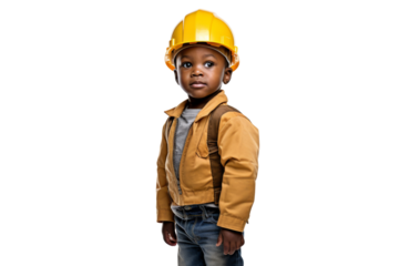 Tiny African child in a hard hat standing in a warehouse looking expectantly Isolated on white background