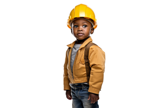 Tiny African child in a hard hat standing in a warehouse looking expectantly Isolated on white background