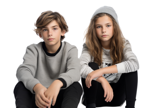 Thoughtful boy holding girlfriend's shoulder, comforting her Isolated on white background