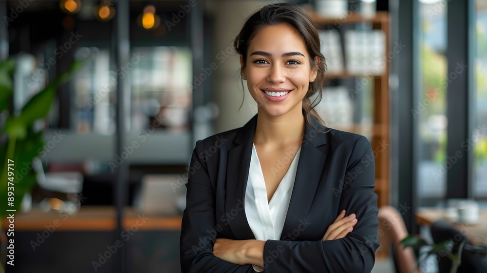 Wall mural woman in business attire: a confident woman in professional business attire, smiling against a moder