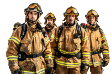 Team of unrecognizable firefighters ready for action isolated on white background