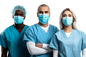 Team of healthcare workers wearing masks and gloves Isolated on white background