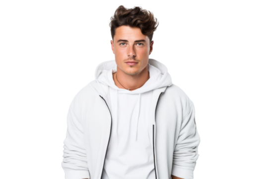 Stylish young man with a confident expression in urban wear Isolated on white background