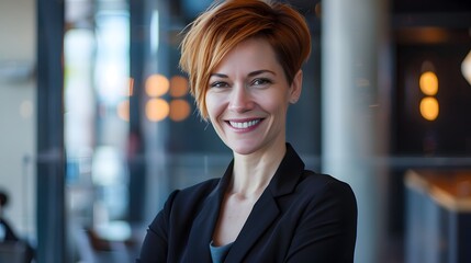 Obraz premium Woman in Business Attire: A confident woman in professional business attire, smiling against a modern office backdrop. 