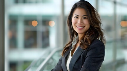 Naklejka premium Woman in Business Attire: A confident woman in professional business attire, smiling against a modern office backdrop. 