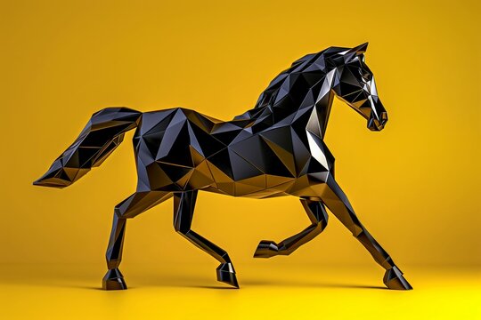 Geometric black horse sculpture on a bright yellow background in photorealistic style.