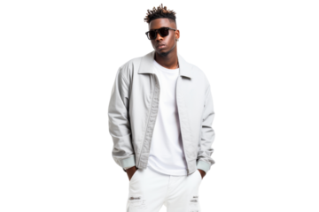 Stylish young African American man dressed in trendy streetwear Isolated on white background