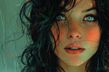 Fototapeta premium A captivating portrait of a woman with delicate features and artistic splashes of paint on her face, evoking emotions and the mesmerizing nature of modern art.