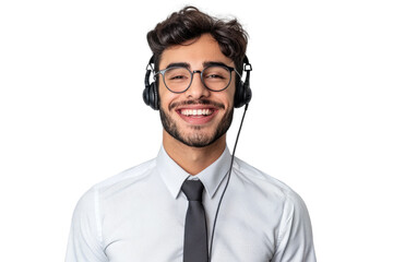 Smiling young male customer service agent with headset, wearing a tie, isolated on white background - Powered by Adobe