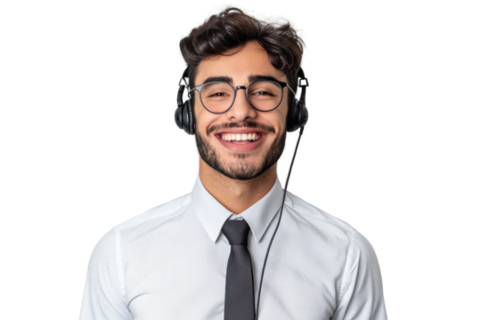 Smiling young male customer service agent with headset, wearing a tie, isolated on white background