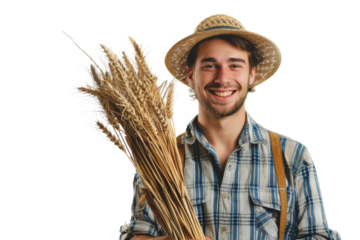 Smiling young farmer in hat holding a bundle of wheat Isolated on white background