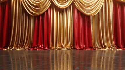 A dramatic stage setting with gold and red curtains and a reflective floor