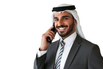 Smiling Middle Eastern businessman making a phone call Isolated on white background