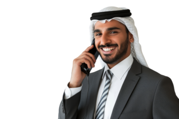 Smiling Middle Eastern businessman making a phone call Isolated on white background