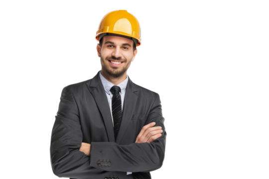 Smiling male engineer with arms folded, in formal attire and a construction helmet, isolated on white background