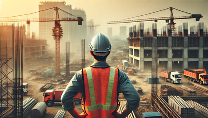 A construction worker wearing a hard hat and safety vest stands in front of a large crane. The scene is bustling with activity, with several trucks and cranes in the background