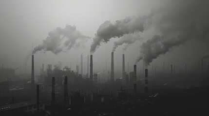 Obraz premium A black and white photograph of a hazy urban skyline with tall chimneys emitting smoke from a factory complex