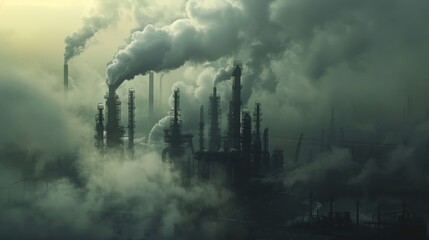Fototapeta premium An industrial complex silhouetted against a dark sky filled with smoke and fog