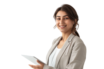 Smiling female professional holding a tablet, poised and confident, isolated on white background