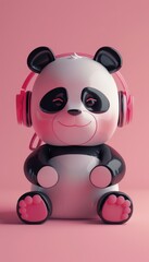 Naklejka premium Smiling Panda Wearing Pink Headphones