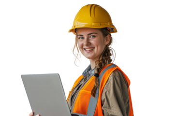 Smiling female power engineer working on laptop at construction site isolated on white background
