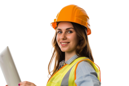 Smiling female power engineer working on laptop at construction site isolated on white background
