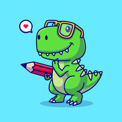 Obraz premium Cute Dinosaur Holding Pencil Cartoon Vector Icon Illustration. Animal Education Icon Concept Isolated Premium Vector. Flat Cartoon Style