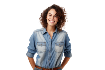 Smiling female farmer in denim overalls and plaid shirt Isolated on white background