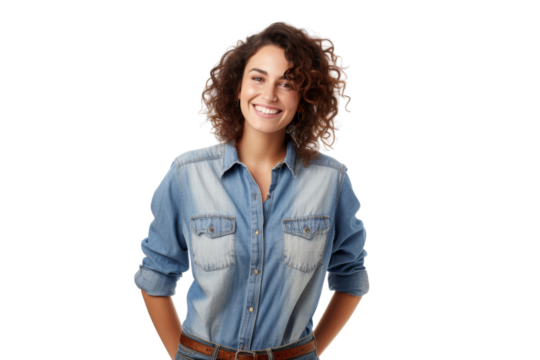 Smiling female farmer in denim overalls and plaid shirt Isolated on white background