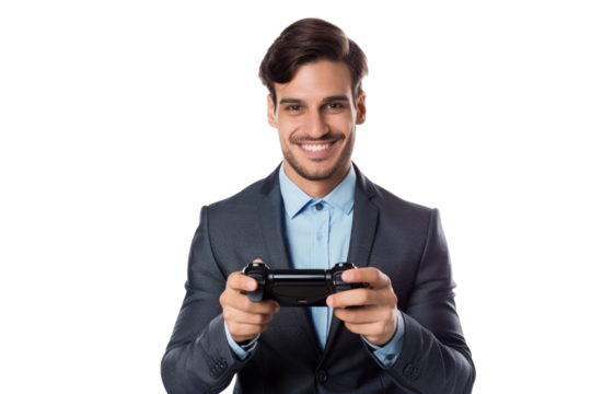 Smiling corporate professional enjoying a handheld video game, isolated on white background