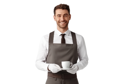Smiling barista bartender offering a drink Isolated on white background