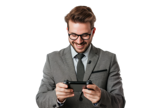 Smiling corporate professional enjoying a handheld video game, isolated on white background