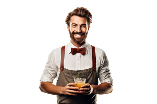 Smiling barista bartender offering a drink Isolated on white background