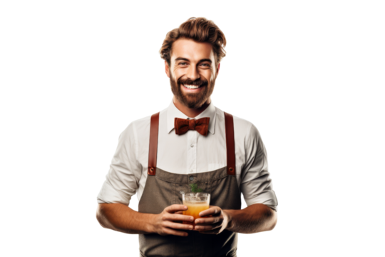 Smiling barista bartender offering a drink Isolated on white background