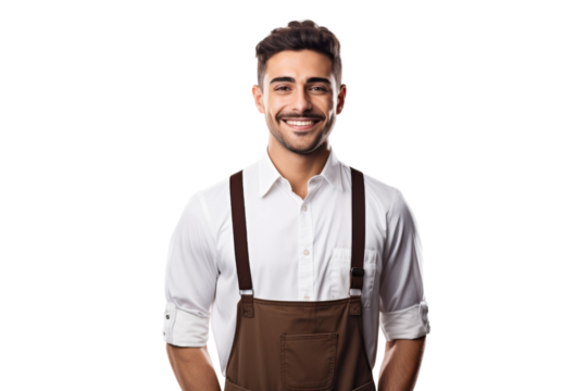 Smiling barista bartender in coffee shop uniform Isolated on white background