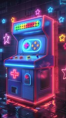 A vibrant arcade game machine illuminated with neon lights, set against a backdrop of colorful stars, perfect for retro gaming themes.