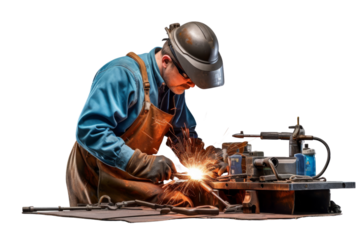 Skillful factory worker welding metal parts Isolated on white background