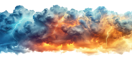 Blue and orange storm clouds with lightning, cut out
