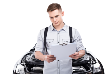 Skilled mechanic holding clipboard, inspecting car engine for issues Isolated on white background