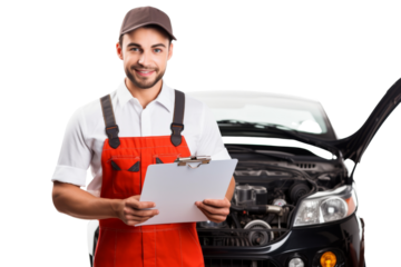 Skilled mechanic holding clipboard, inspecting car engine for issues Isolated on white background